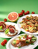 Stir fried vegetable rice, crisp bread with figs, bread with ham roll and cherry tomatoes