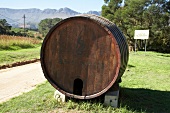 Wooden wine barrel on road side at Ashanti Winery, South Africa