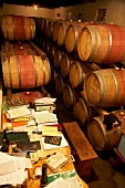 Wine barrels stored in cellar at Winery Beaumont, South Africa