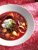 Close-up of beetroot stew with dill in bowl