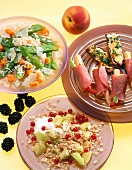 Peaches, ham rolls with baby corn, cereals, blackberries and vegetable rice
