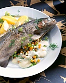 Filled trout with vegetables and dill, potatoes, horseradish and cream sauce on plate