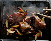Close-up of rabbit legs braised with apple and juniper berries in baking dish