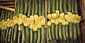 Gemüse aus aller Welt, Junge Zucchini mit Blüten, Kisten, Markt