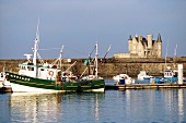 View of Quiberon harbour in front of Chateau Turpault in Quiberon, Brittany, France