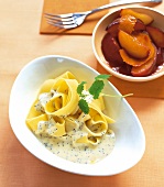 Poppy tagliatelle on serving dish