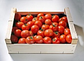 Close-up of red ripe tomatoes in a wooden box