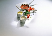 Sauces of tomato, pumpkin and horseradish in serving dish on white background