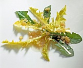 Close-up of dandelion salad with walnut dressing on white background