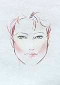 Sketch of woman's square shaped face with bob wearing rouge
