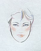Sketch of woman's oval shaped face with short hair and fringes wearing rouge