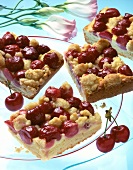 Close-up of crumble cake with cherries on plate