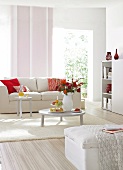 Living room with white sofa, carpet, table and red stool