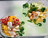 Close-up of bowls of potato and cucumber salad with salmon and red pepper salad with eggs