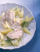 Fillet haddock, pasta and fennel on dish
