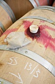 Close-up of battered wine barrel in DeWaal Wines, South Africa