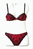 Red lingerie with embroidery on upper body mannequin