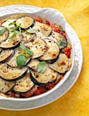 Close-up of eggplant casserole with beef in serving dish