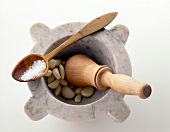 Garlic cloves with salt crushed in marble mortar and pestle against white background