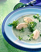 Green soup with watercress and dumpling in bowl