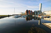 View of Marina with Twisted Torso skyscraper in background, Malmo, Sweden