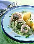 Close-up of fish rolls on plate