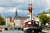 Sailboat moored at Frederiksholms Kanal in Copenhagen, Denmark