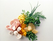 Corn, peas, herbs, mushrooms and sausages on white background, ingredients for pasta salad