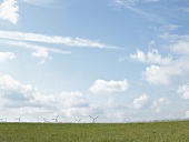 Landschaft mit grünem Feld und Windkraftwerken am Horizont
