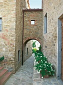 Durchgang mit Torbogen, Blumen, Hotel "Le Case del Borgo" in Toskana