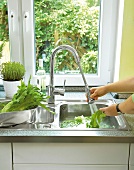 Spüle am Fenster, Einbauküche in Weiß und Metallic, Salat waschen