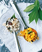 Rice with vegetables and spices on spoons, India