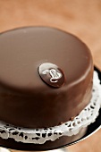 Close-up of torte with logo