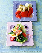 Luke warm vegetable salad and aragonese salad on square plate, Spain