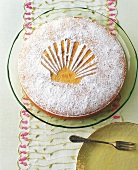 Almond cake with icing sugar in scallop patterned