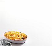 Spaghetti in serving dish, copy space