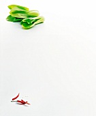 Pak choi leaves and chilies on white background