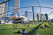 Jay-Pritzker-Pavillon im Millennium Park, Wiese mit Menschen