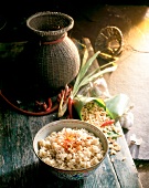 Shrimp rice with chilies, lemon grass and garlic bulb