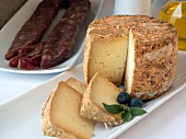 Round yellow cheese from Pyrenees on plate