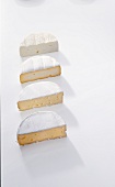 Slices of camembert on white background