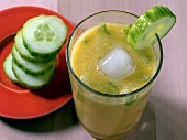 Lassi Moscow in glass with cucumber slice on rim