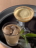 Key lime pie and chocolate puff drink in glass
