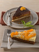Mandarin cake in serving dish and chocolate sour cream cake on plate