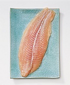 Fillet of raw fish on plate, overhead view