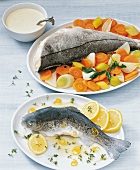 Haddock with mustard sauce and blue trout on plate