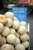 People buying cantaloupe charentais melons in wooden boxes at market