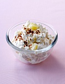 Pears and walnut cream in glass bowl