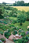 View of green vegetable garden and meadow, elevated view