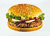 Vegetable burger with lettuce, tomato, onions, cucumbers, ketchup and sesame seed